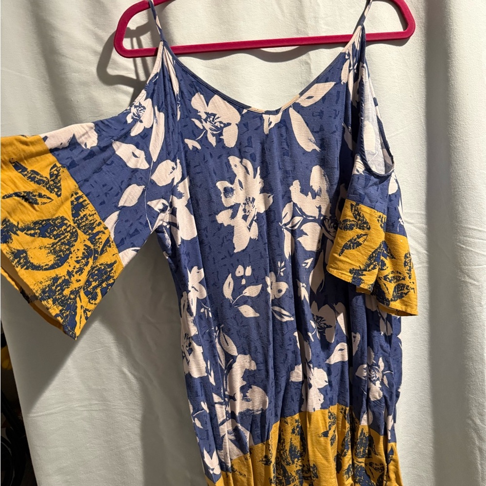 Lush Women's Small Floral Cold Shoulder Dress Blue Boho Flowy Strappy Summer - Picture 4 of 5